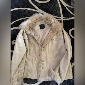 Women's Cream Jacket with Faux Fur Collar
